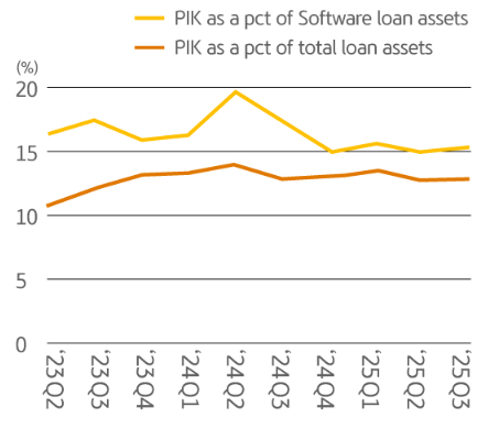 소프트웨어 섹터와 전체 Loan의 &lsquo;23년 이후 분기별 PIK 비중 비교